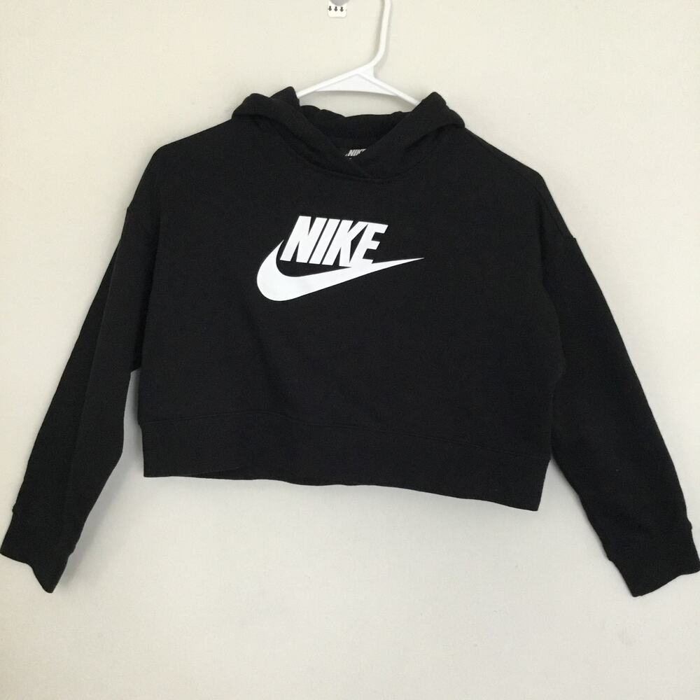 Nike Size M Black With White Logo Boxy Cropped Hooded Sweatshirt Junior